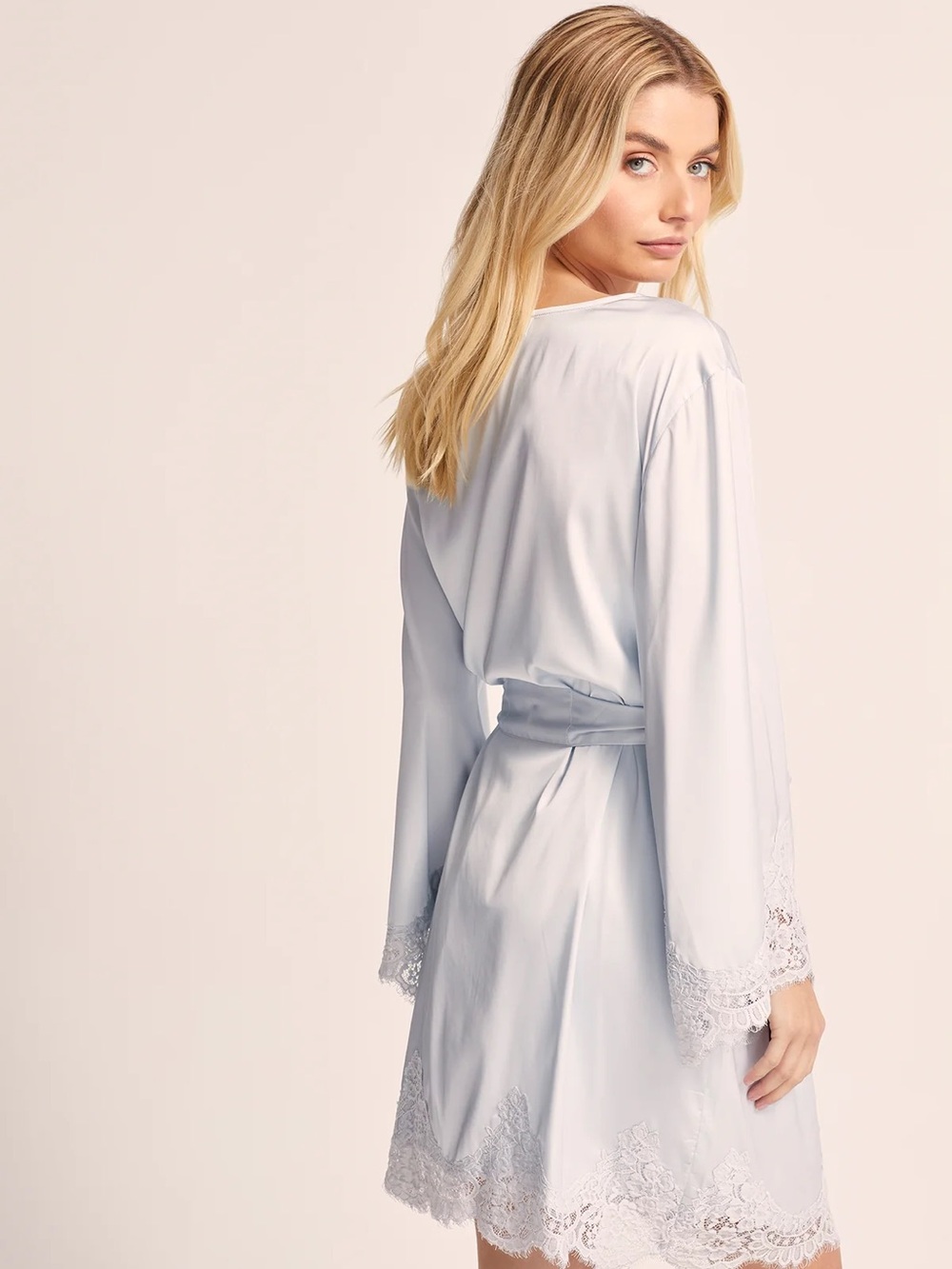 Light Blue Homebodii Sian Short Satin lace Wrap Robe - NWT - Picture 2 of 7